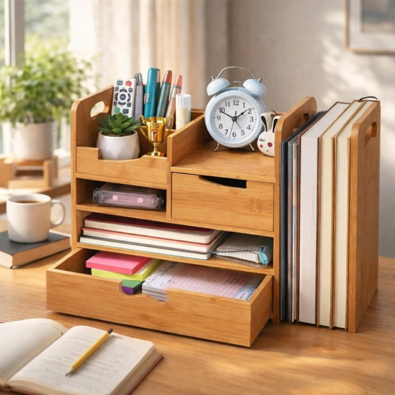 Smart Hub Gear Bamboo Expandable Desk Organizer with Drawer 25in