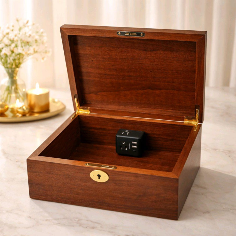 Smart Hub Gear Acacia Wood Locking Charging Station 11in