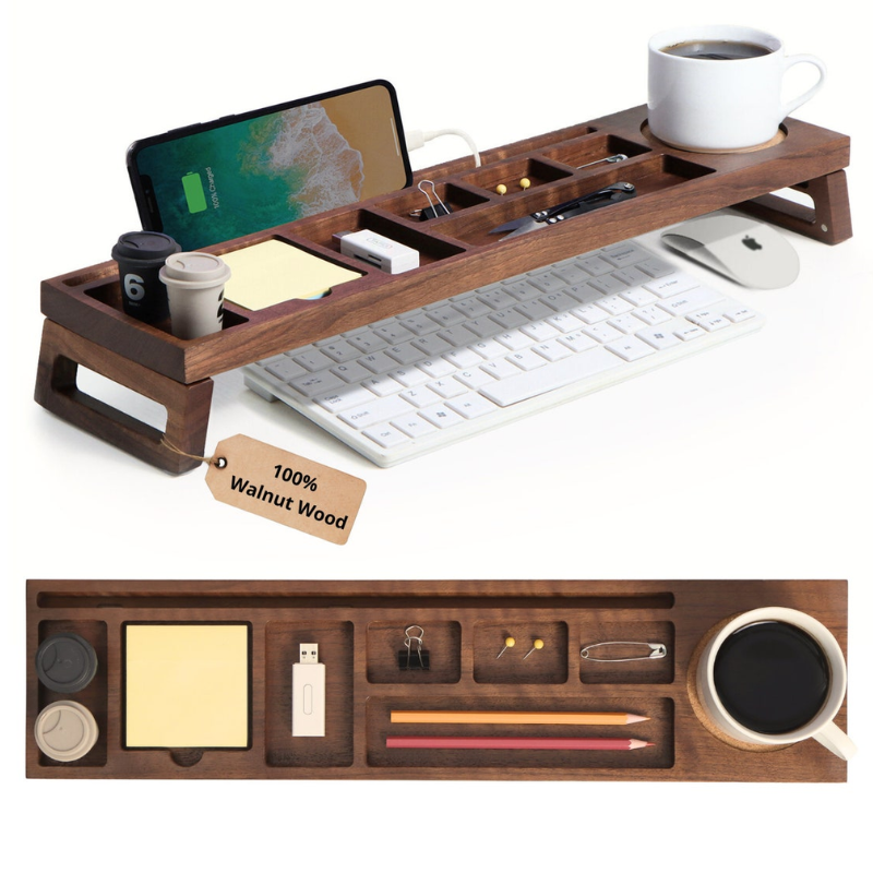 Smart Hub Gear Walnut Desk Organizer Phone Tablet Stand