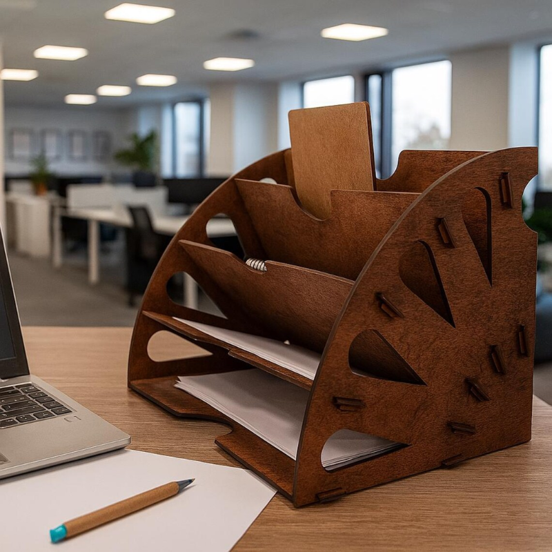 Smart Hub Gear Wooden Desk Organizer for Documents and Office Supplies