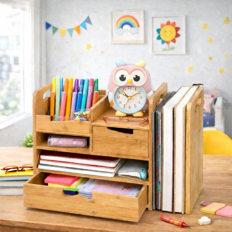 Smart Hub Gear Bamboo Expandable Desk Organizer with Drawer 25in