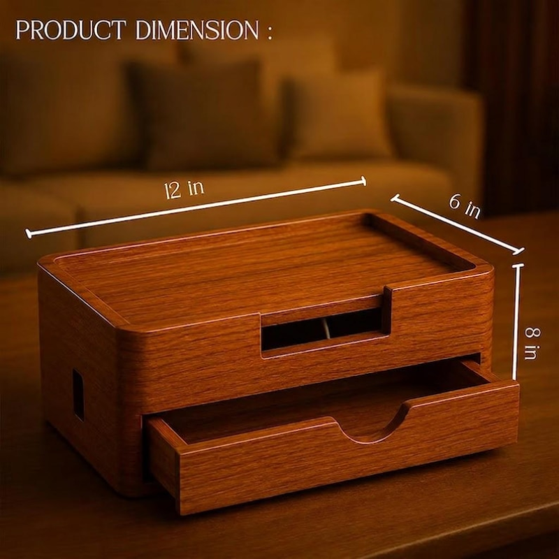 Smart Hub Gear Handcrafted Solid Wood Cable Management Box 12in