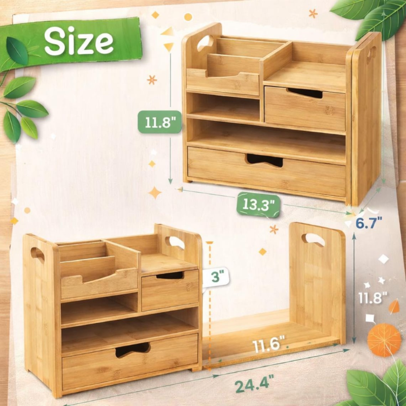 Smart Hub Gear Bamboo Expandable Desk Organizer with Drawer 25in
