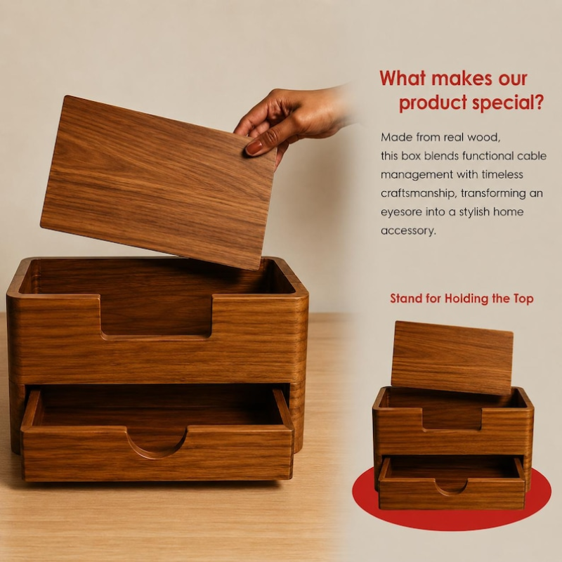 Smart Hub Gear Handcrafted Solid Wood Cable Management Box 12in