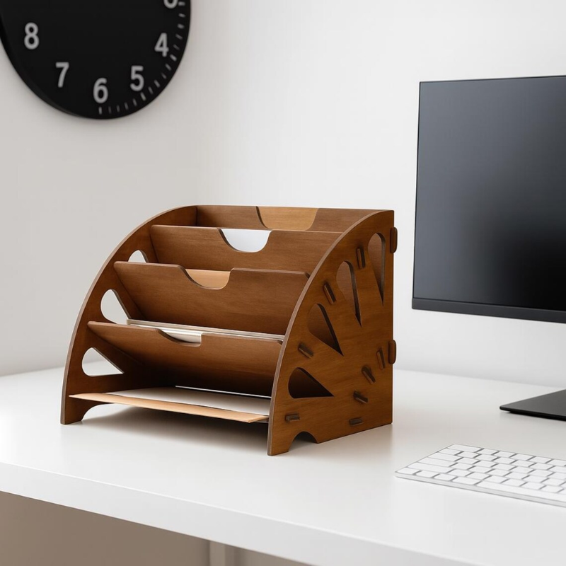 Smart Hub Gear Wooden Desk Organizer for Documents and Office Supplies