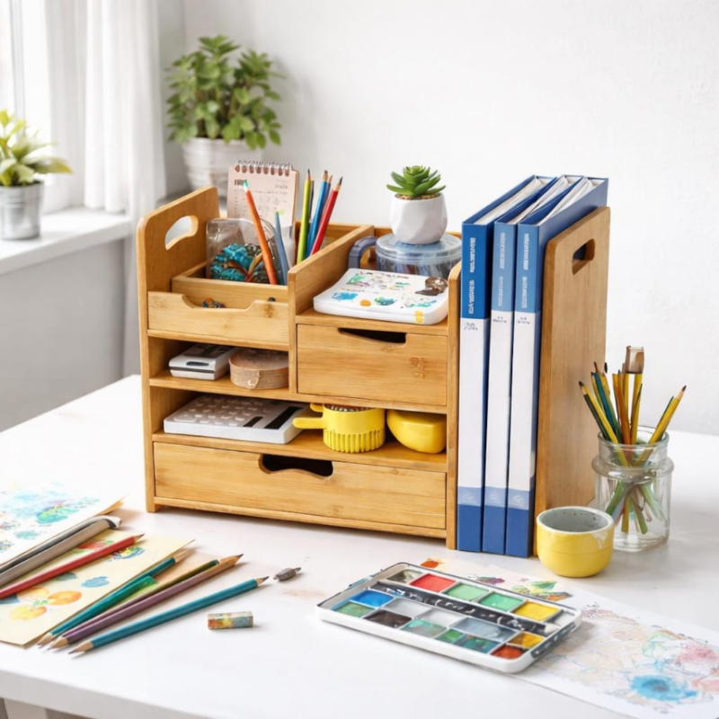 Smart Hub Gear Bamboo Expandable Desk Organizer with Drawer 25in