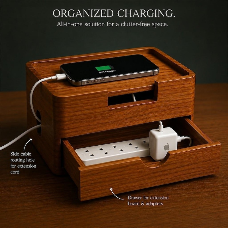 Smart Hub Gear Handcrafted Solid Wood Cable Management Box 12in
