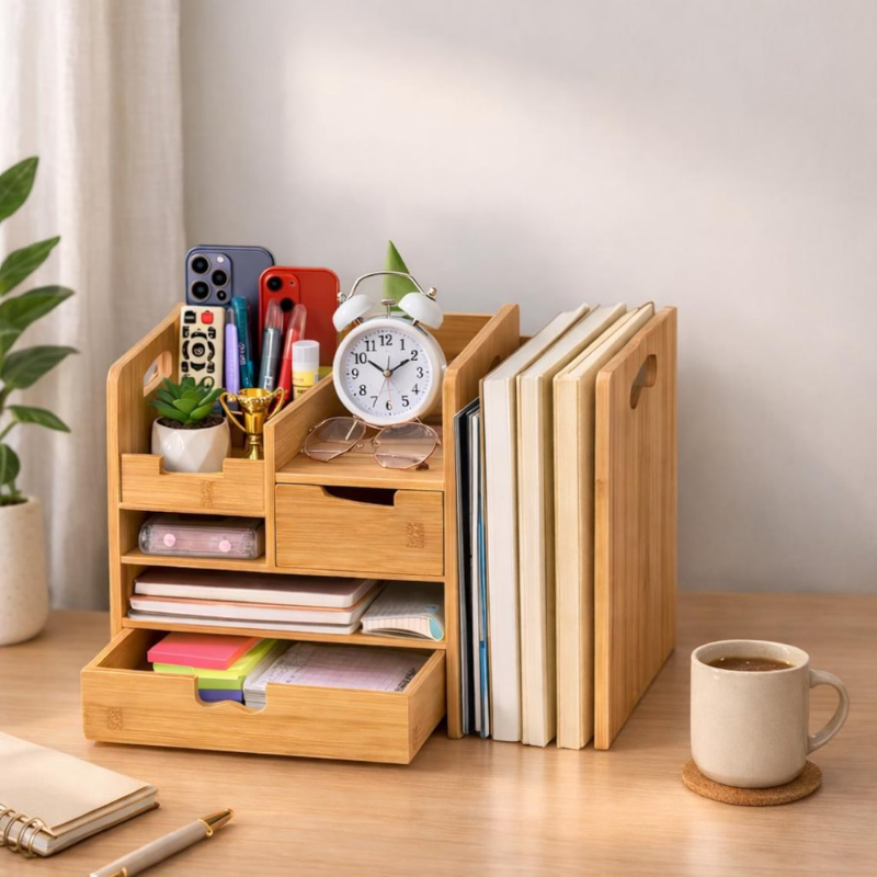 Smart Hub Gear Bamboo Expandable Desk Organizer with Drawer 25in