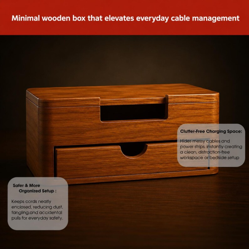 Smart Hub Gear Handcrafted Solid Wood Cable Management Box 12in